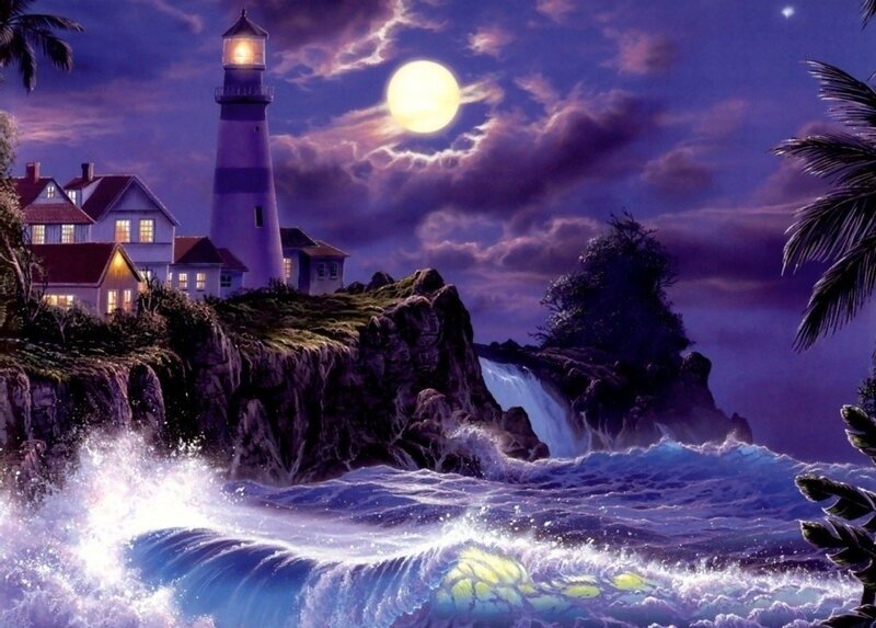 Lighthouse on Rocky Cliff — Purple