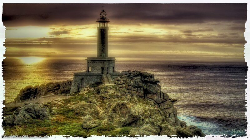 Lighthouse on Rocky Cliff — Yellow, Dramatic, Sunset