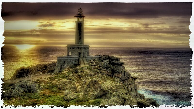Lighthouse on Rocky Cliff — Yellow, Dramatic