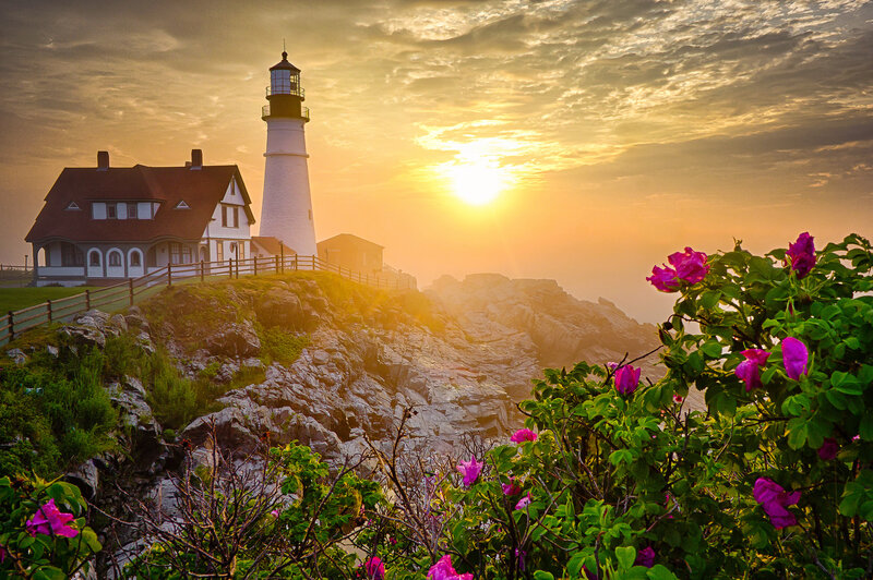 Lighthouse on Rocky Cliff — Yellow, Serene, Sunset