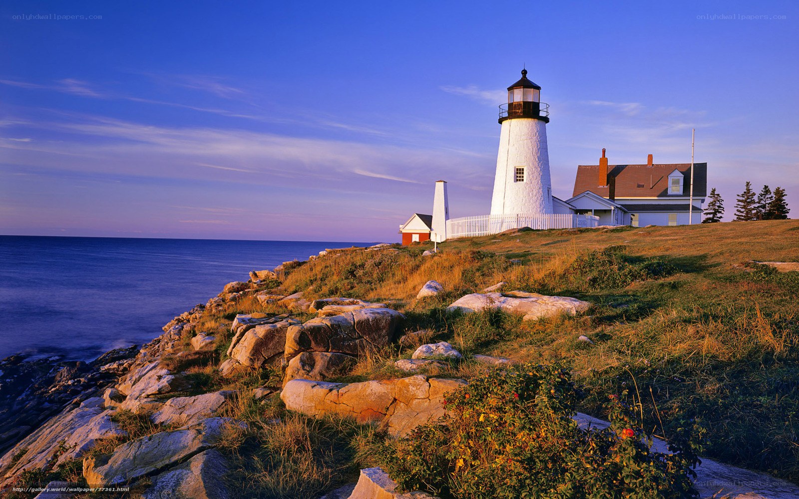 Lighthouse on rocky coast at sunset