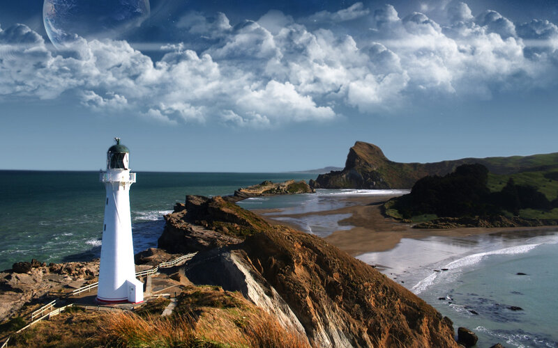 Lighthouse on Rocky Coast — Blue, Dramatic, Afternoon, Digital Art