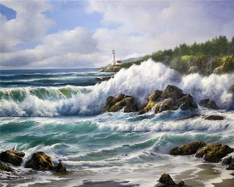 Lighthouse on Rocky Coast — Blue, Dramatic, Afternoon, Painting