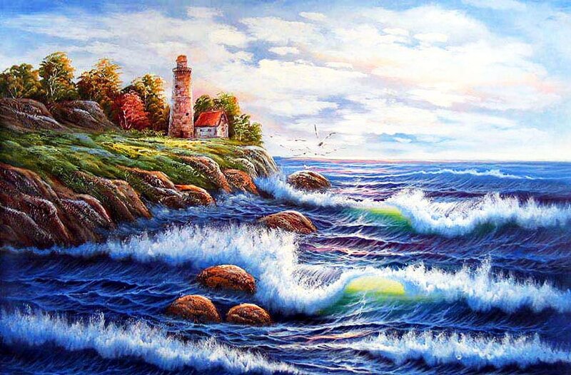 Lighthouse on Rocky Coast — Blue, Dramatic, Afternoon, Painting, Waves