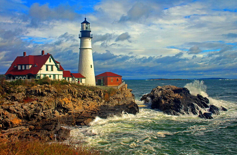 Lighthouse on Rocky Coast — Blue, Dramatic, Afternoon, Photograph, House