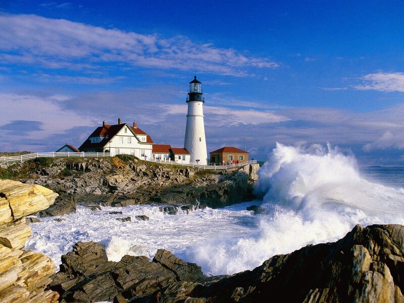 Lighthouse on Rocky Coast — Blue, Dramatic, Afternoon, Photograph, Ocean Waves, Cliffs, Sky
