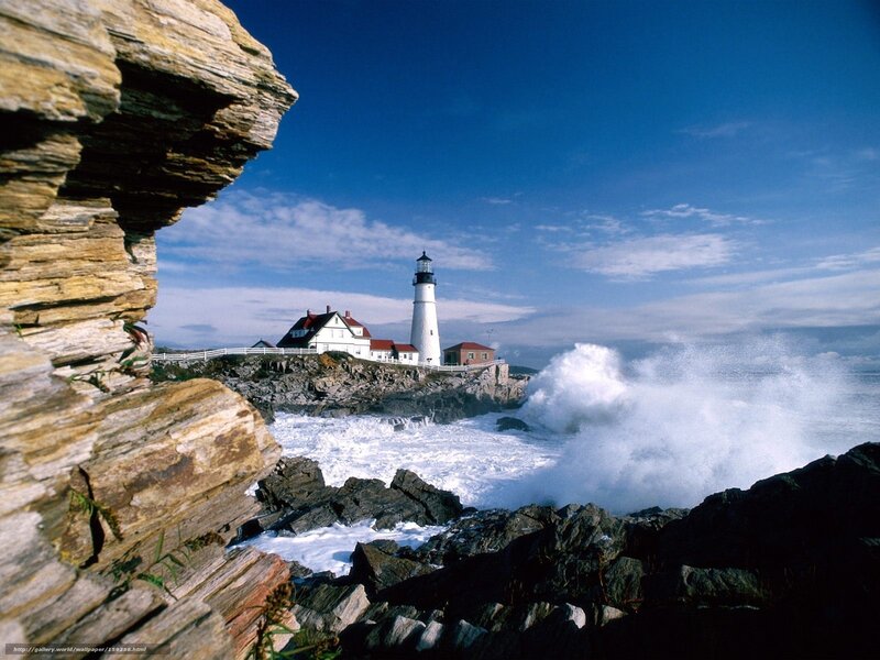 Lighthouse on Rocky Coast — Blue, Dramatic, Afternoon, Photograph, Ocean Waves, Rocks
