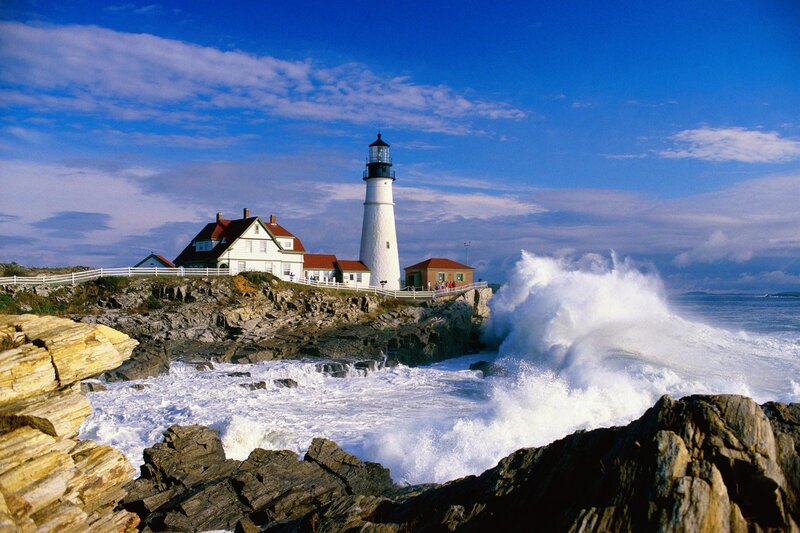Lighthouse on Rocky Coast — Blue, Dramatic, Afternoon, Photograph, Ocean Waves, White House