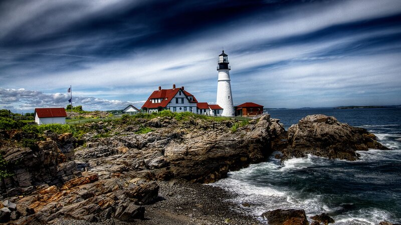 Lighthouse on Rocky Coast — Blue, Dramatic, Afternoon, Photograph, Rocks, Ocean