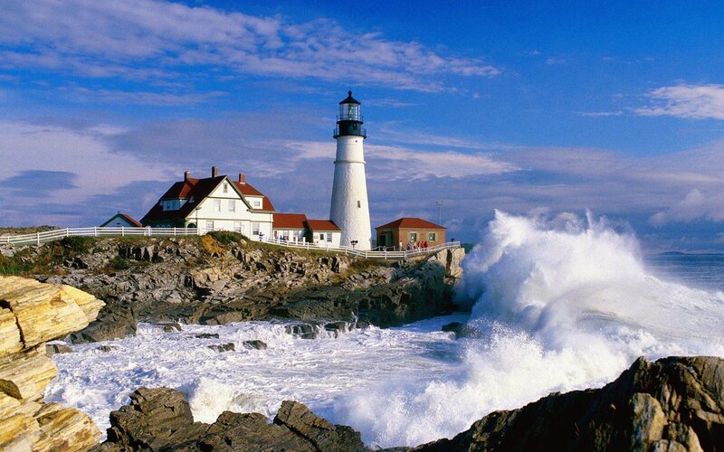 Lighthouse on Rocky Coast — Blue, Dramatic, Afternoon