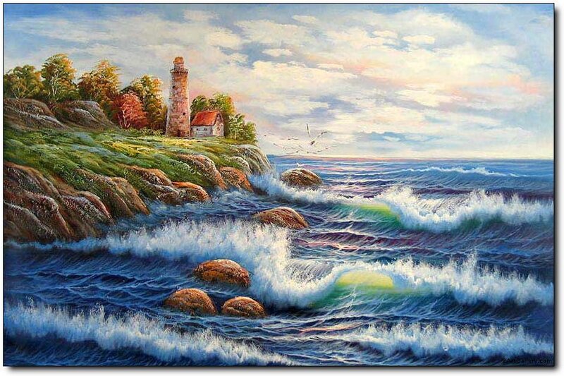 Lighthouse on Rocky Coast — Blue, Dramatic, Daytime