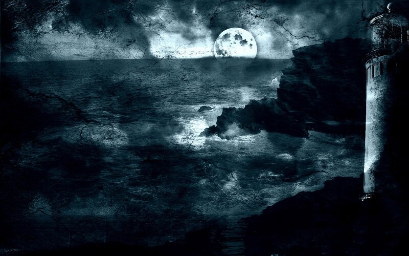 Lighthouse on Rocky Coast — Blue, Dramatic, Night, Digital Art, Moon, Ocean