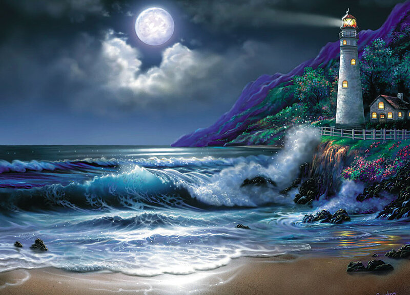 Lighthouse on Rocky Coast — Blue, Dramatic, Night, Digital Art, Moon