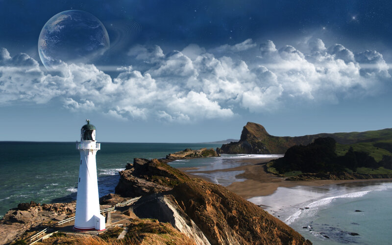 Lighthouse on Rocky Coast — Blue, Dramatic, Night, Digital Art, Planet, Clouds