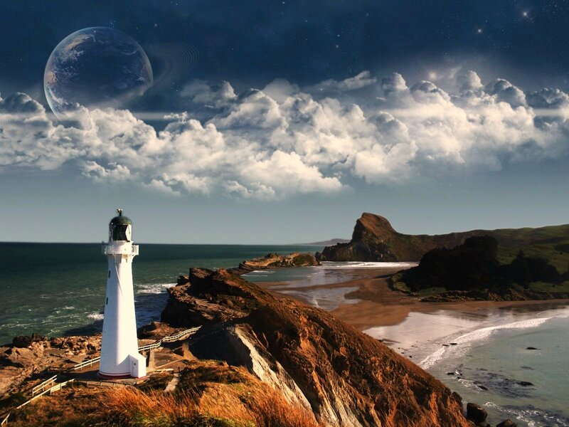 Lighthouse on Rocky Coast — Blue, Dramatic, Night, Digital Art, Planet