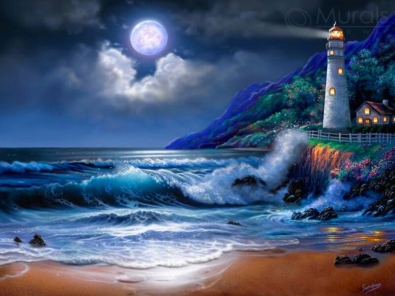 Lighthouse on Rocky Coast — Blue, Dramatic, Night, Digital Art