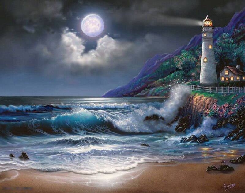 Lighthouse on Rocky Coast — Blue, Dramatic, Night, Painting