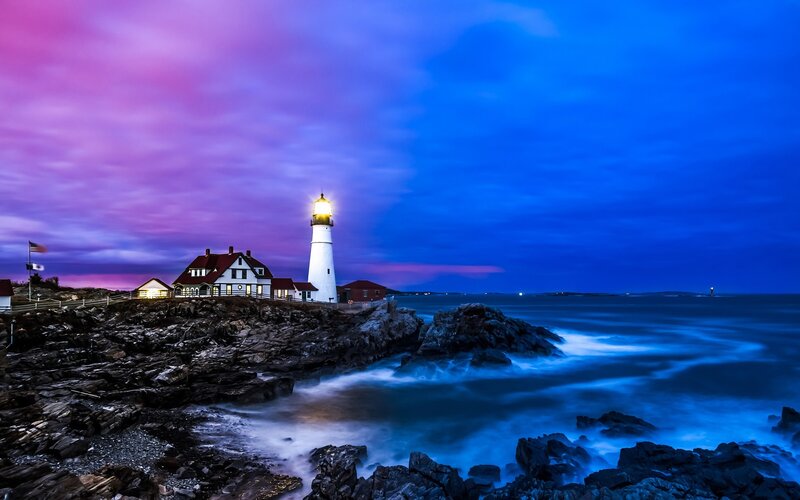 Lighthouse on Rocky Coast — Blue, Dramatic, Night, Photograph, House