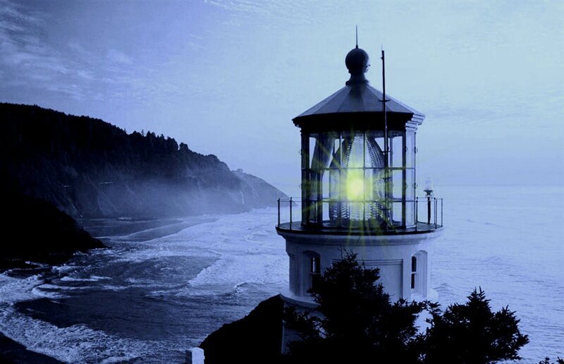 Lighthouse on Rocky Coast — Blue, Dramatic, Night, Photograph, Ocean, Cliff
