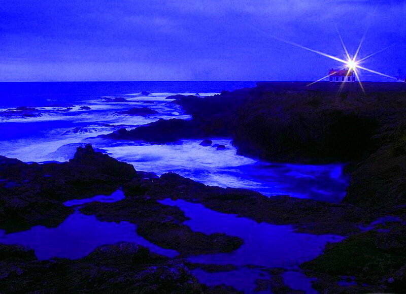 Lighthouse on Rocky Coast — Blue, Dramatic, Night, Photograph