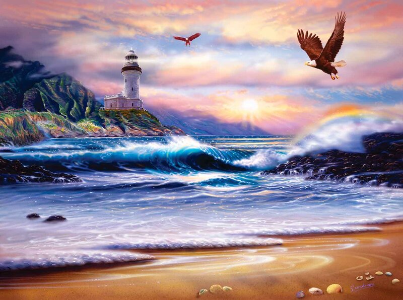 Lighthouse on Rocky Coast — Blue, Dramatic, Sunset, Digital Art