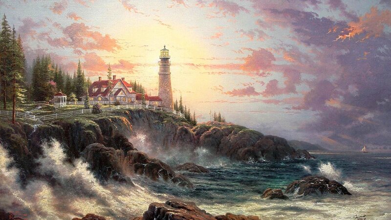 Lighthouse on Rocky Coast — Blue, Dramatic, Sunset, Painting, Cliff