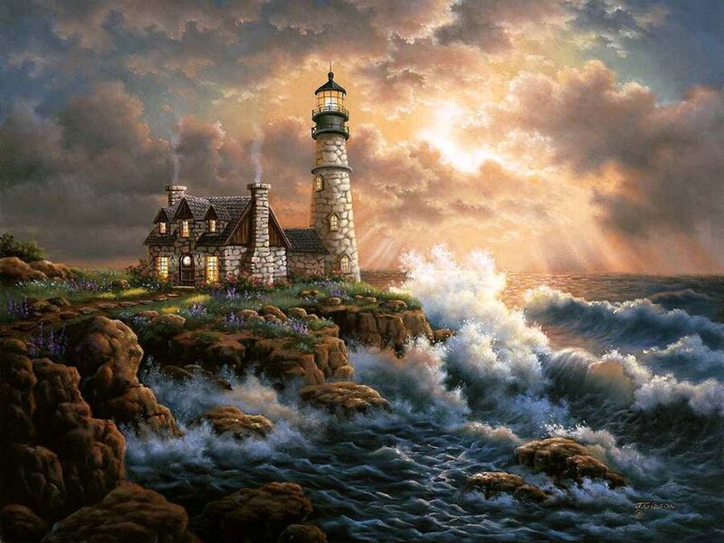 Lighthouse on Rocky Coast — Blue, Dramatic, Sunset, Painting, House, Ocean, Clouds