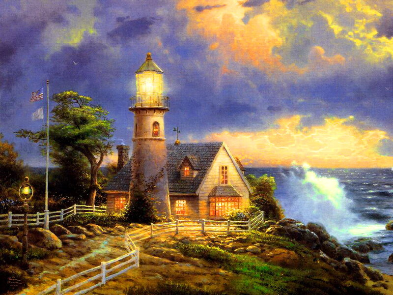 Lighthouse on Rocky Coast — Blue, Dramatic, Sunset, Painting, House, Ocean, Flag