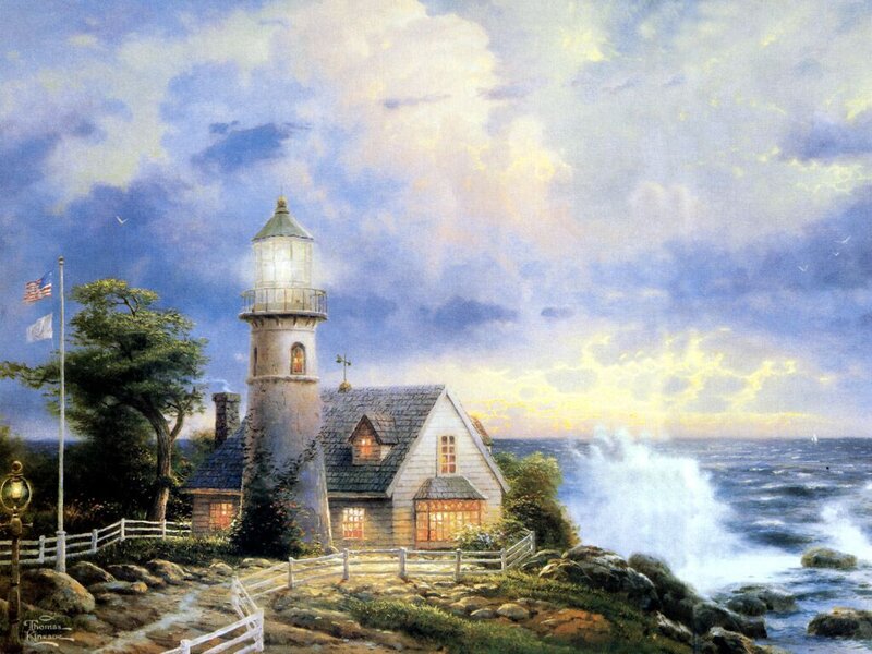 Lighthouse on Rocky Coast — Blue, Dramatic, Sunset, Painting, House, Ocean
