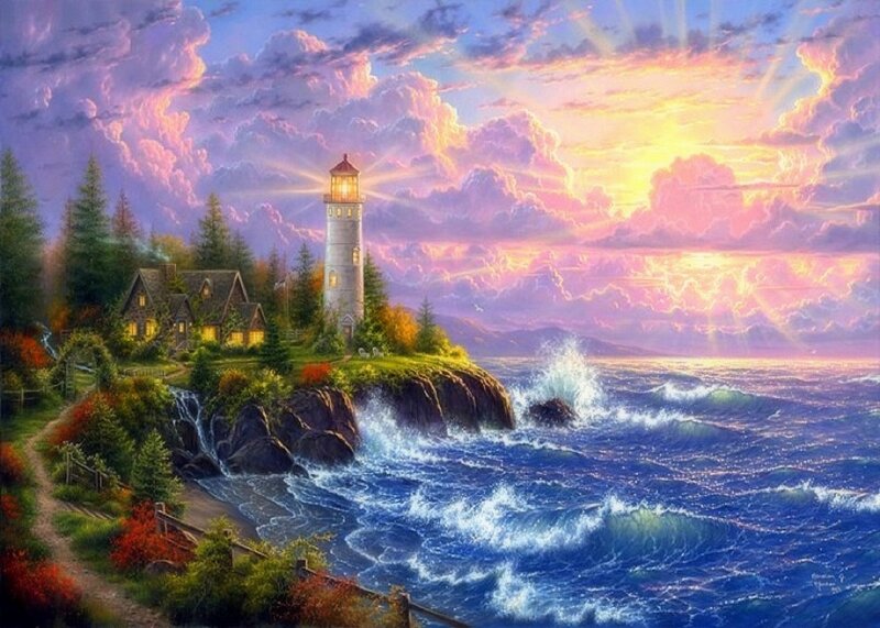 Lighthouse on Rocky Coast — Blue, Dramatic, Sunset, Painting, House, Ocean, Trees
