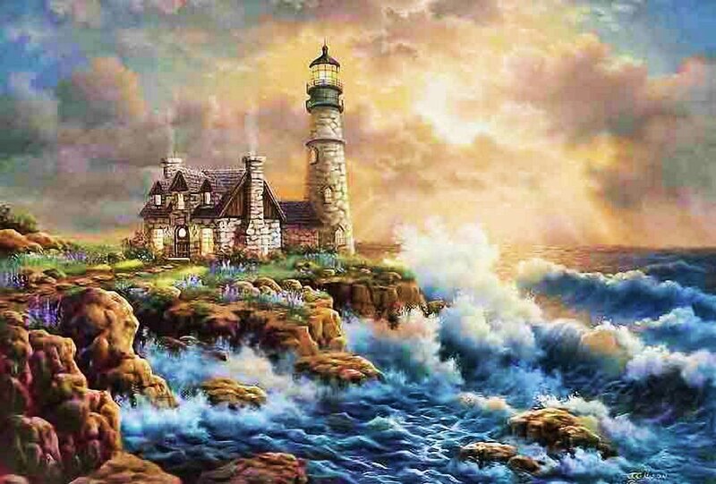 Lighthouse on Rocky Coast — Blue, Dramatic, Sunset, Painting, House, Ocean, Waves