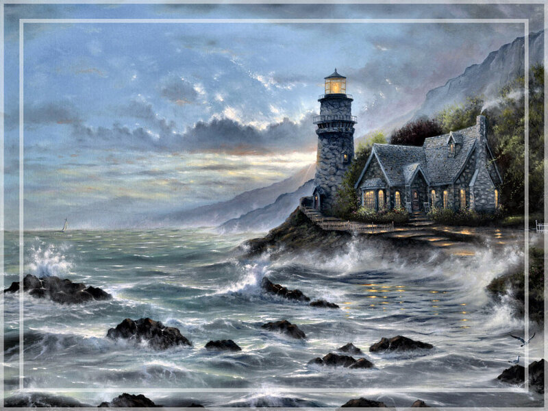 Lighthouse on Rocky Coast — Blue, Dramatic, Sunset, Painting, House