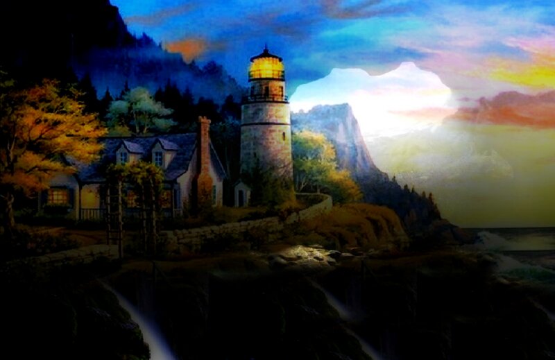 Lighthouse on Rocky Coast — Blue, Dramatic, Sunset, Painting, House, Trees