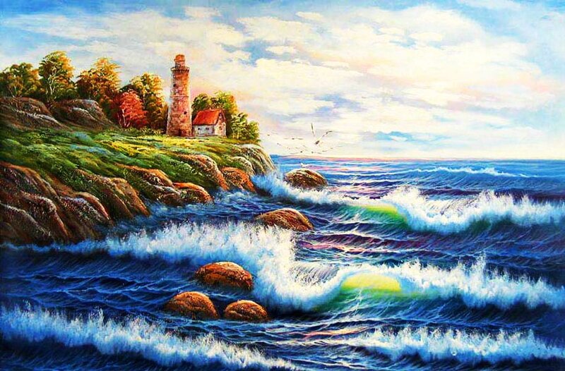 Lighthouse on Rocky Coast — Blue, Dramatic, Sunset, Painting, Ocean