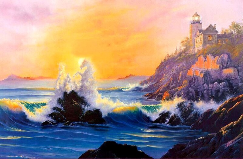 Lighthouse on Rocky Coast — Blue, Dramatic, Sunset, Painting, Ocean Waves, Cliffs