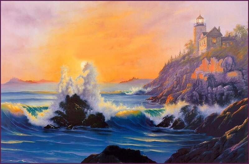 Lighthouse on Rocky Coast — Blue, Dramatic, Sunset, Painting, Ocean Waves