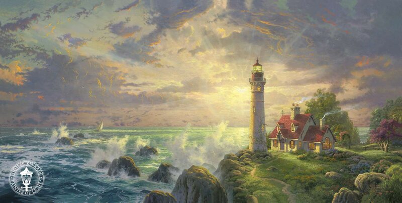 Lighthouse on Rocky Coast — Blue, Dramatic, Sunset, Painting, Sailboat