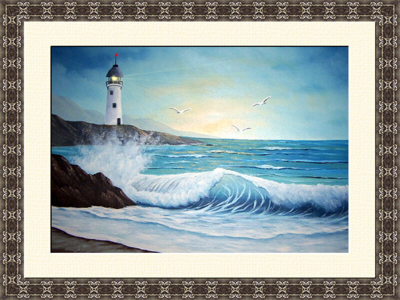 Lighthouse on Rocky Coast — Blue, Dramatic, Sunset, Painting, Seagulls