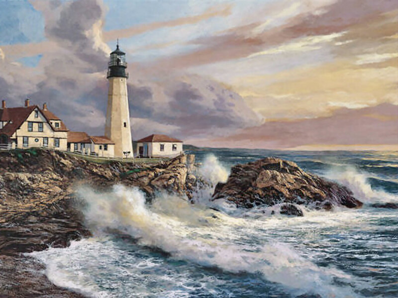 Lighthouse on Rocky Coast — Blue, Dramatic, Sunset, Painting