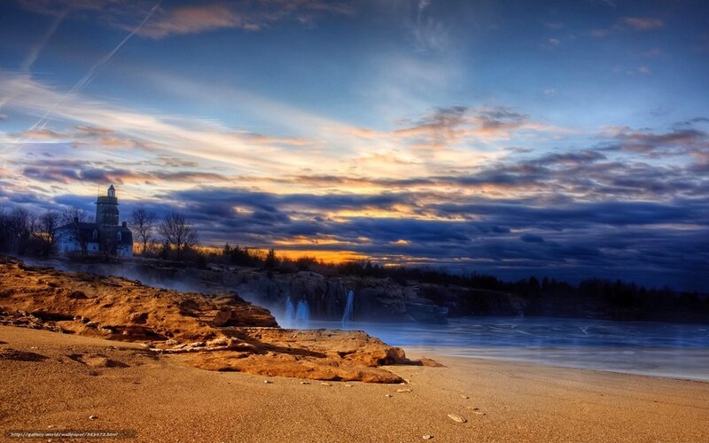 Lighthouse on Rocky Coast — Blue, Dramatic, Sunset, Photograph, Cliffs, Waterfall