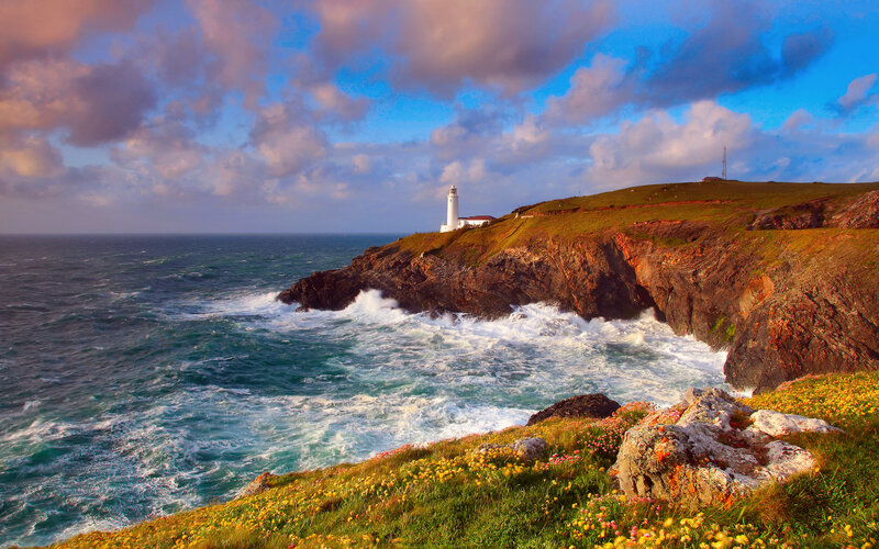Lighthouse on Rocky Coast — Blue, Dramatic, Sunset, Photograph, Ocean, Cliffs, Flowers