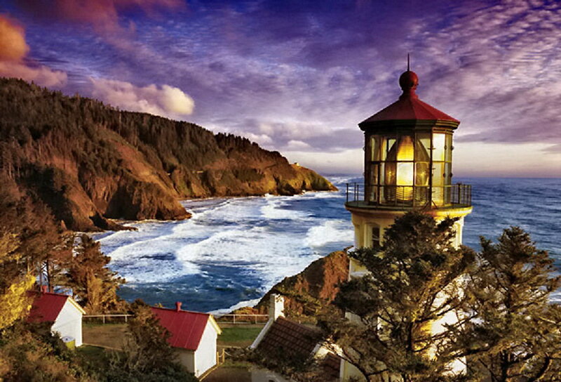 Lighthouse on Rocky Coast — Blue, Dramatic, Sunset, Photograph, Ocean, Cliffs, Trees