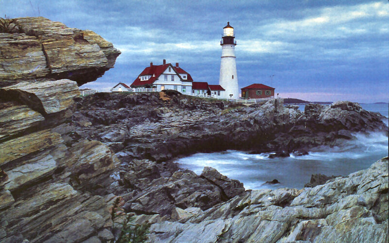 Lighthouse on Rocky Coast — Blue, Dramatic, Sunset, Photograph, Rocks, Ocean