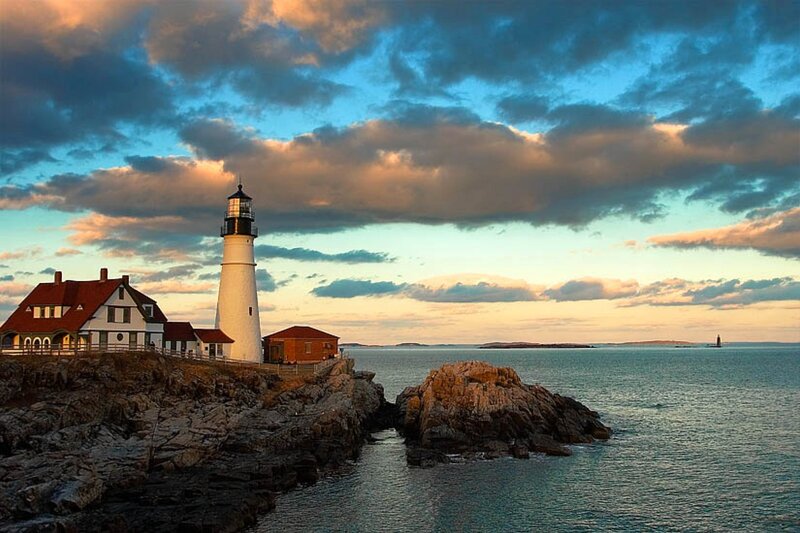 Lighthouse on Rocky Coast — Blue, Dramatic, Sunset, Photograph
