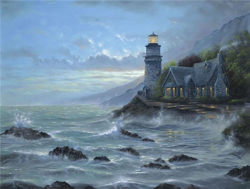 Lighthouse on Rocky Coast — Blue, Dramatic