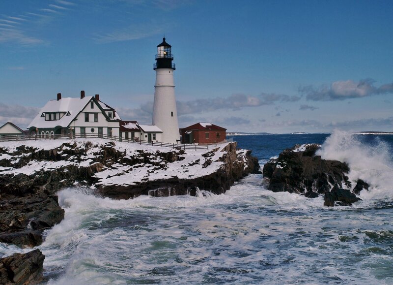 Lighthouse on Rocky Coast — Blue, Dramatic, Winter, Photograph, House