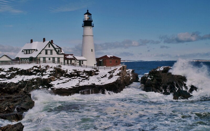 Lighthouse on Rocky Coast — Blue, Dramatic, Winter, Photograph