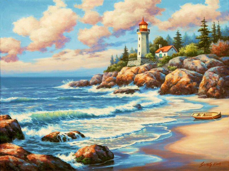 Lighthouse on Rocky Coast — Blue, Serene, Afternoon, Painting, Boat