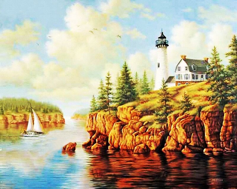 Lighthouse on Rocky Coast — Blue, Serene, Afternoon, Painting, Sailboat