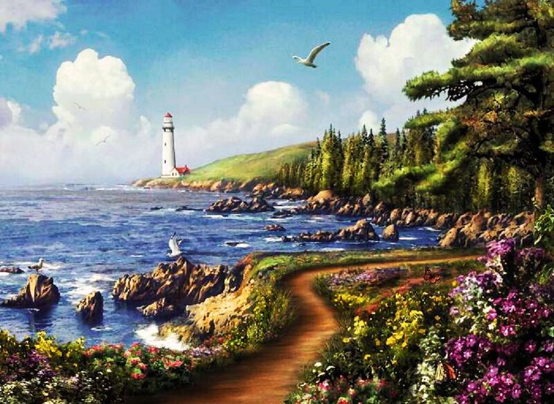 Lighthouse on Rocky Coast — Blue, Serene, Afternoon, Painting, Seagulls